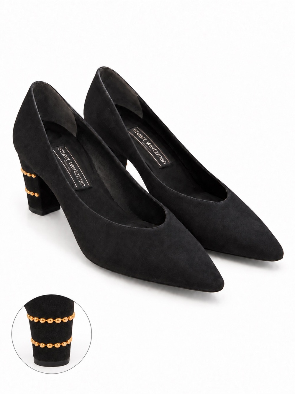 Size 8.5 Stuart Weitzman PS Beaded Black Suede Pointed Toe Gold Heel Pumps